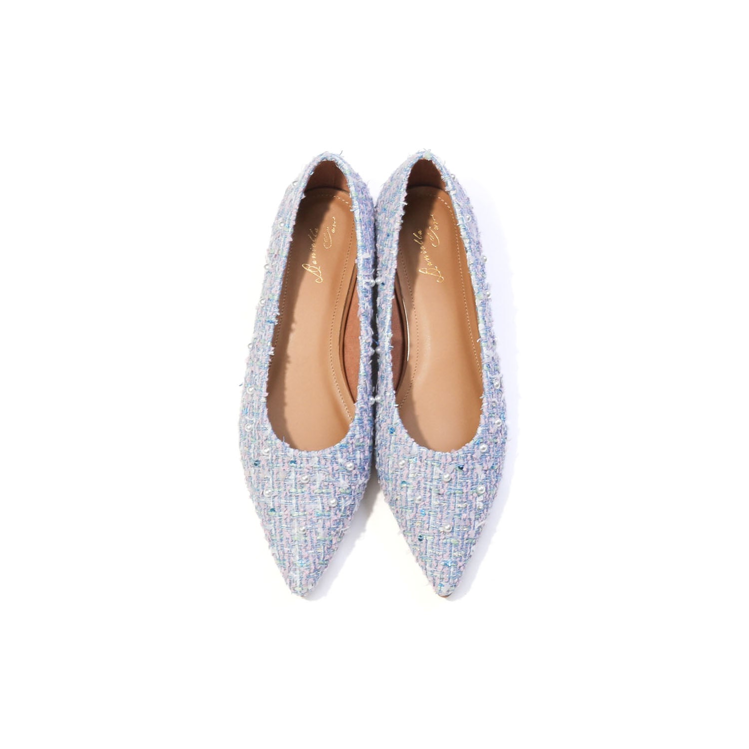 ダニエラアンドジェマ Daniella & GEMMA パールモチーフフラットシューズ,ブルー生地