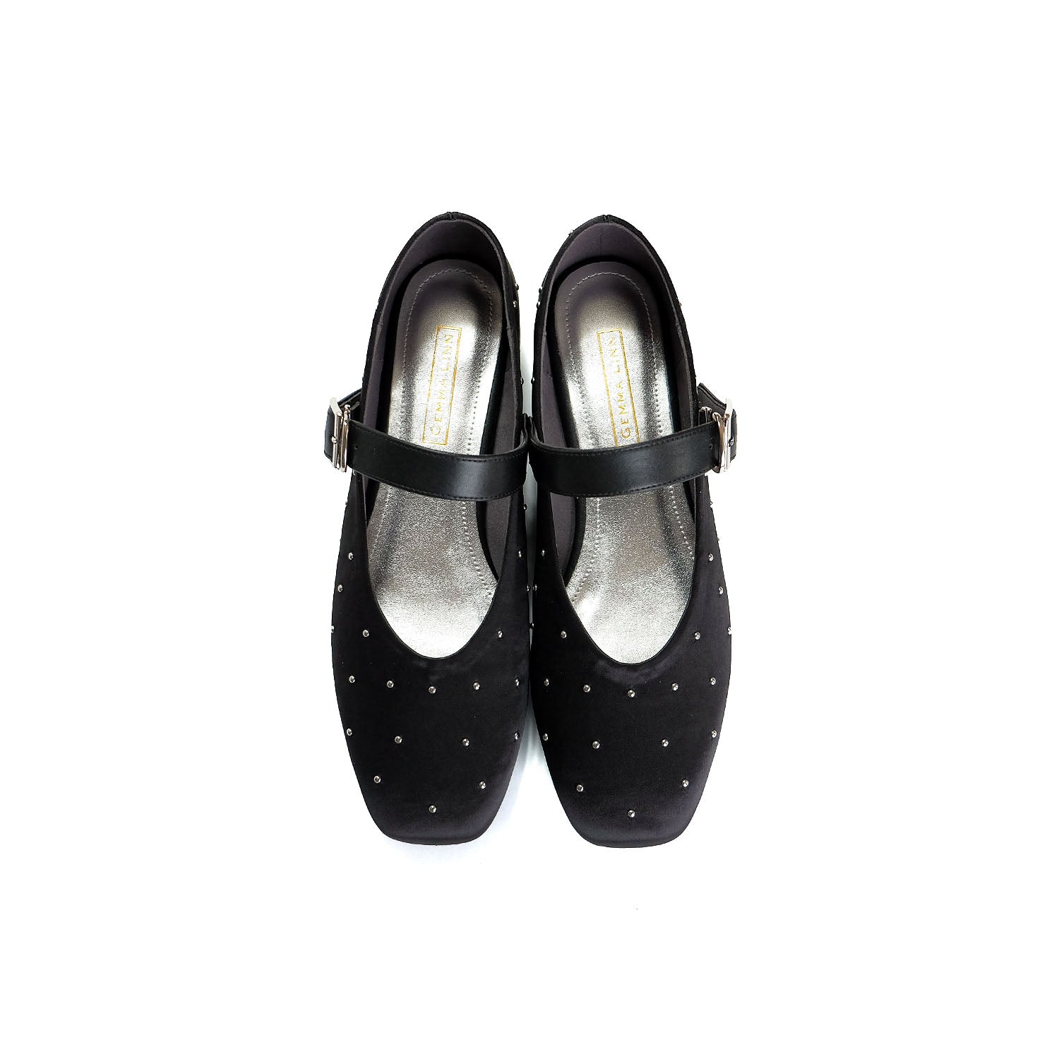 ダニエラアンドジェマ Daniella & GEMMA ストラップ付きバレエフラットシューズ (ブラックサテン生地) ブラックサテン生地