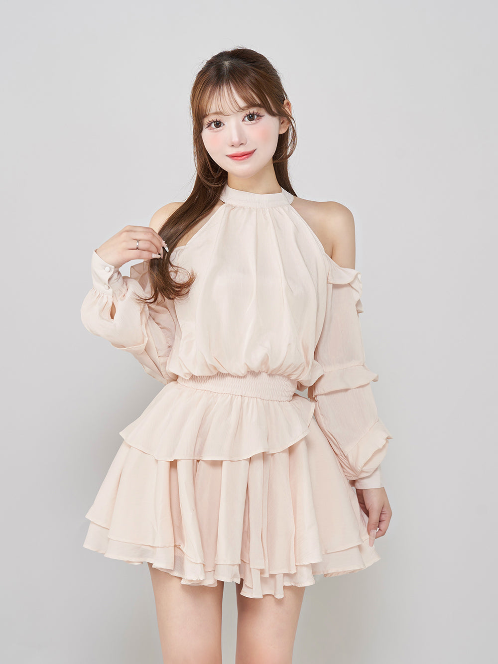 新品タグ付 ダーリッチ ボリュームシフォンミニワンピース ピンクベージュ ダーリッチ Darich ボリュームシフォンミニワンピース