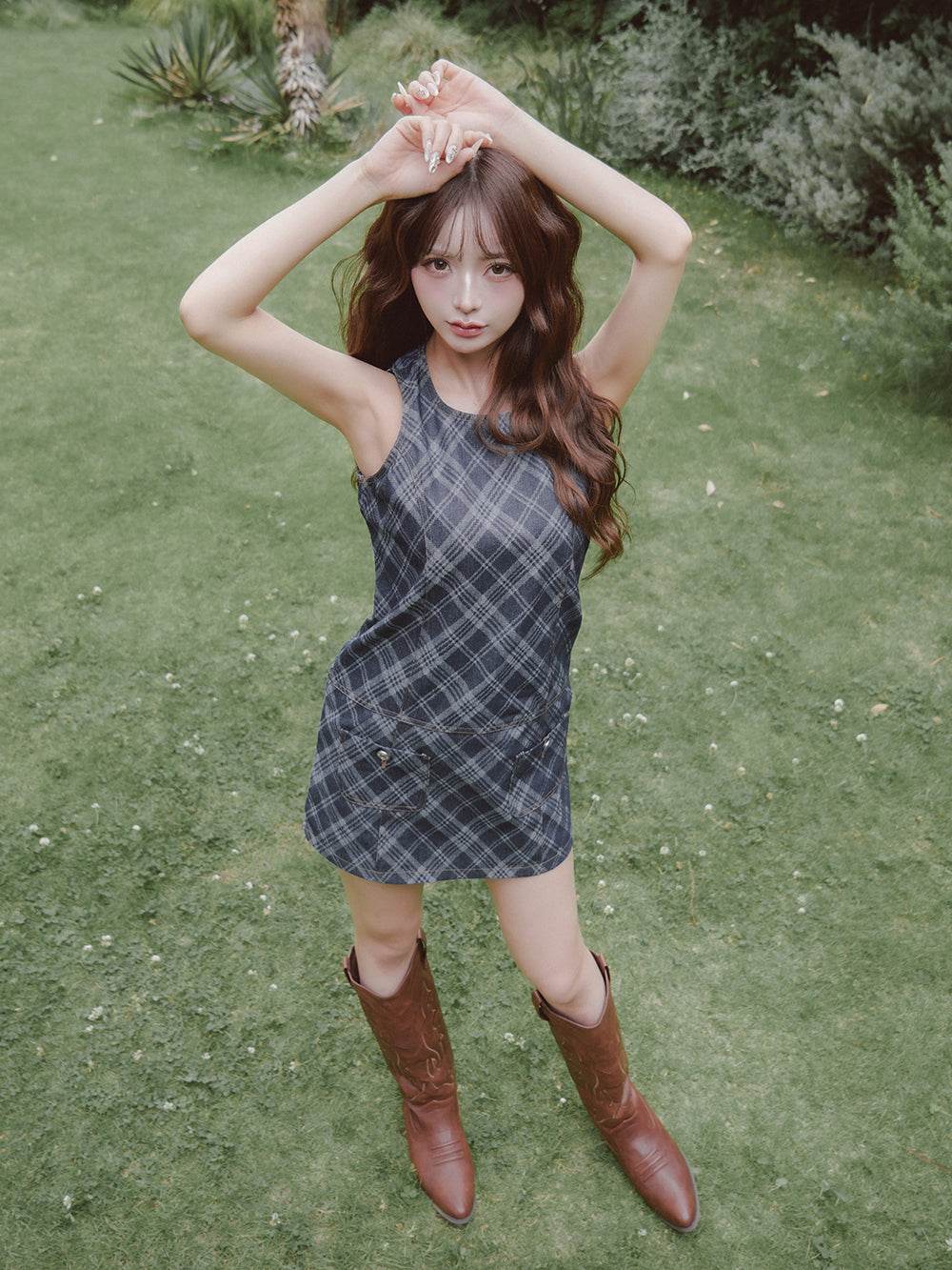 ダーリッチ Darich バイヤスチェックデニムミニワンピース (ブルー) ブルー