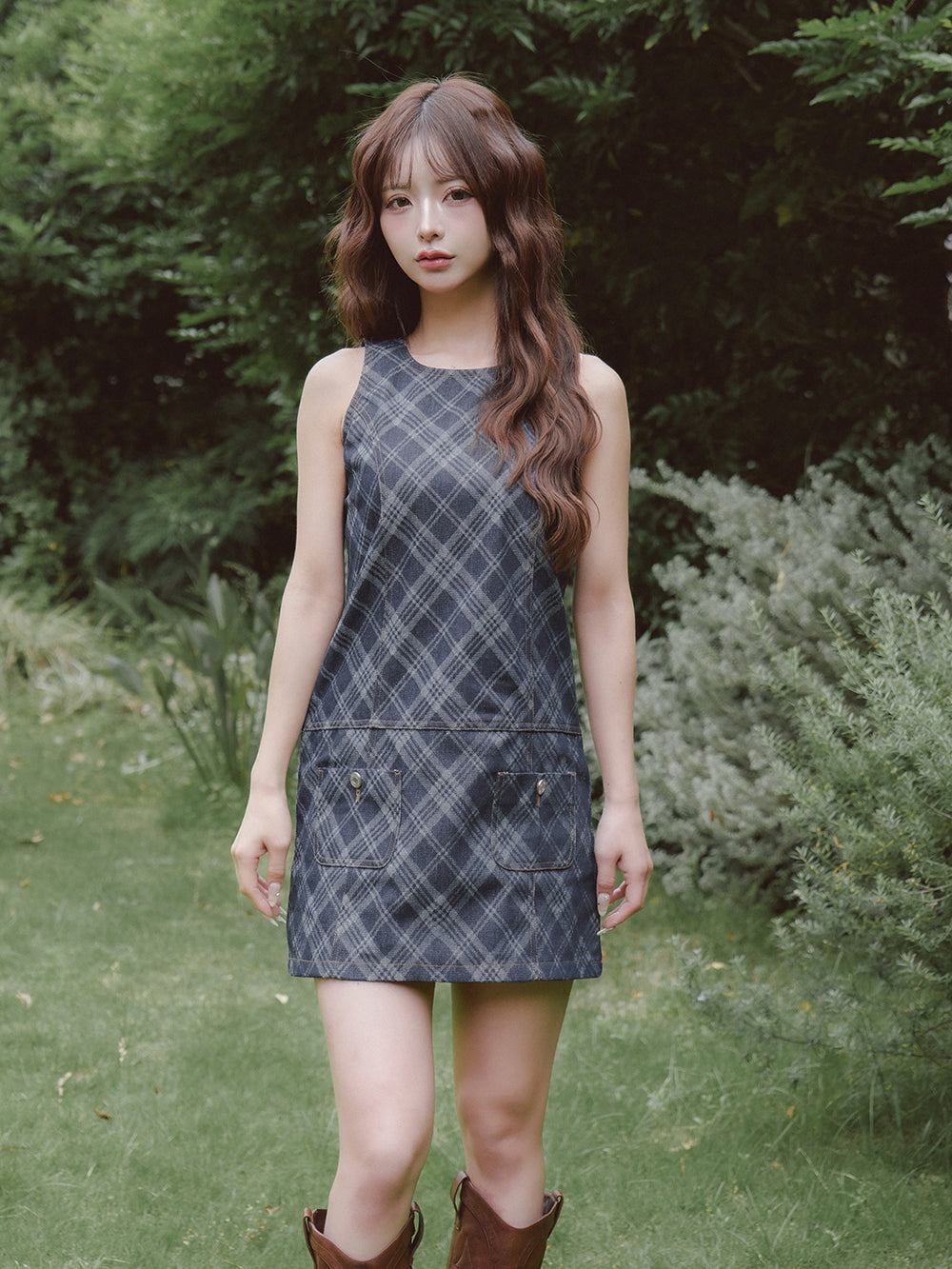 ダーリッチ Darich バイヤスチェックデニムミニワンピース (ブルー) ブルー