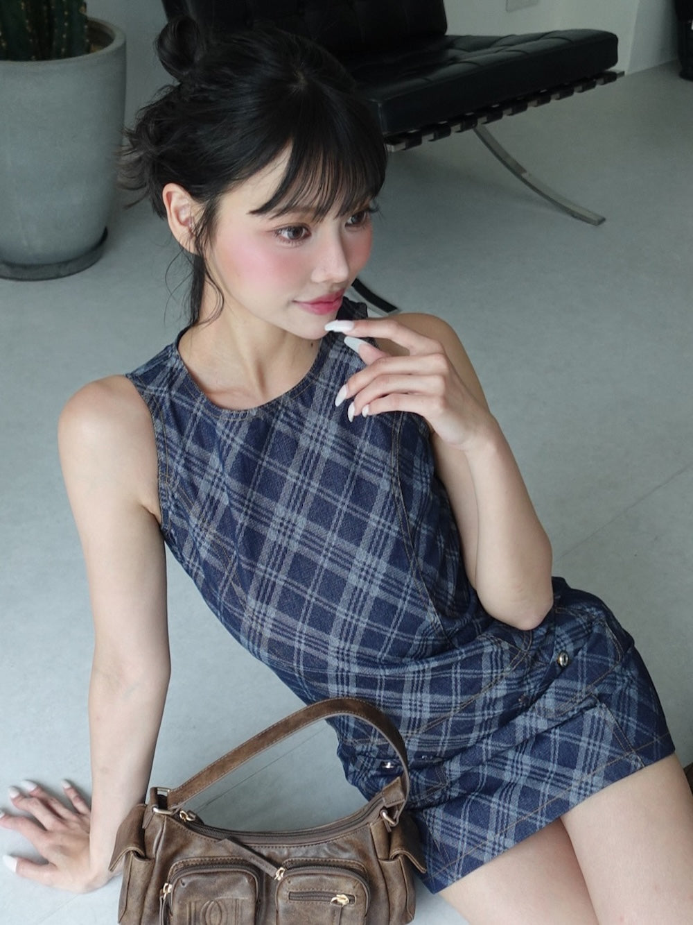 ダーリッチ Darich バイヤスチェックデニムミニワンピース (インディゴ) インディゴ