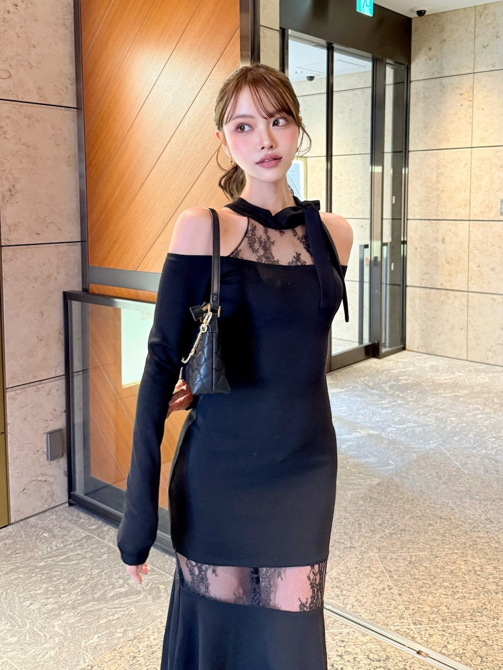 ダーリッチ Darich ポイントレースカットロングワンピース (ブラック) ブラック