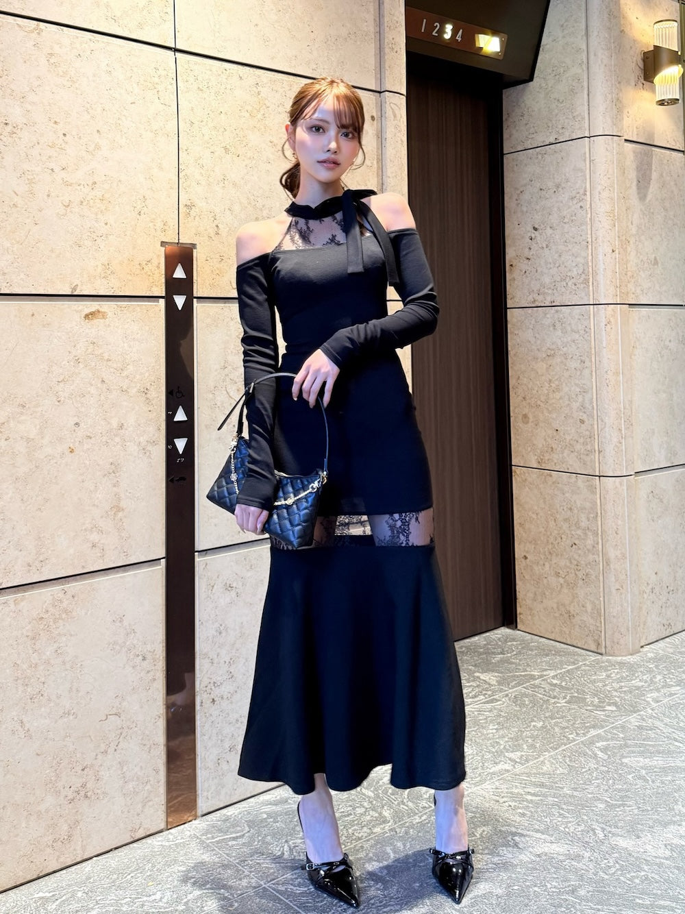 ダーリッチ Darich ポイントレースカットロングワンピース (ブラック) ブラック