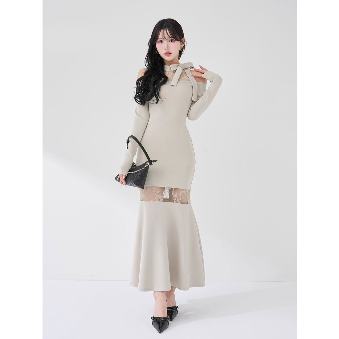 ダーリッチ Darich ポイントレースカットロングワンピース (グレー) グレー