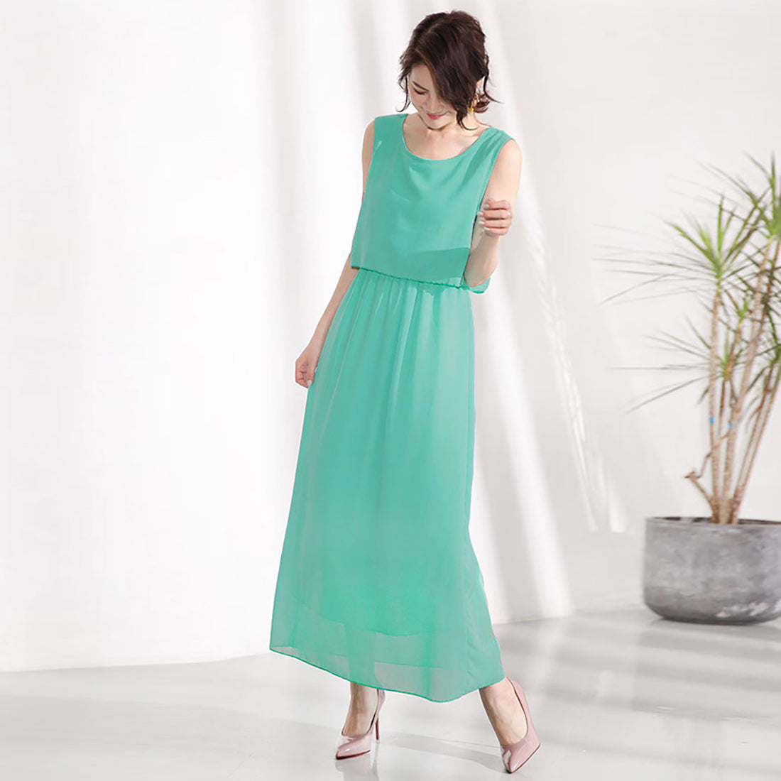 ドゥー ベル Doux Belle 2点セット風ノースリーブマキシワンピース (ライトグリーン) ライトグリーン