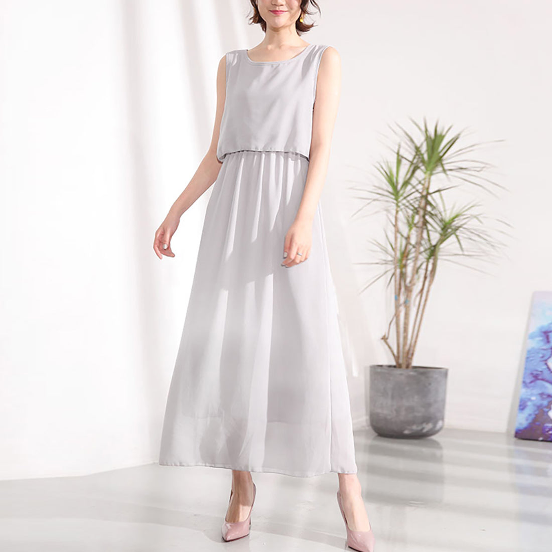 ドゥー ベル Doux Belle 2点セット風ノースリーブマキシワンピース (ライトグリーン) ライトグリーン