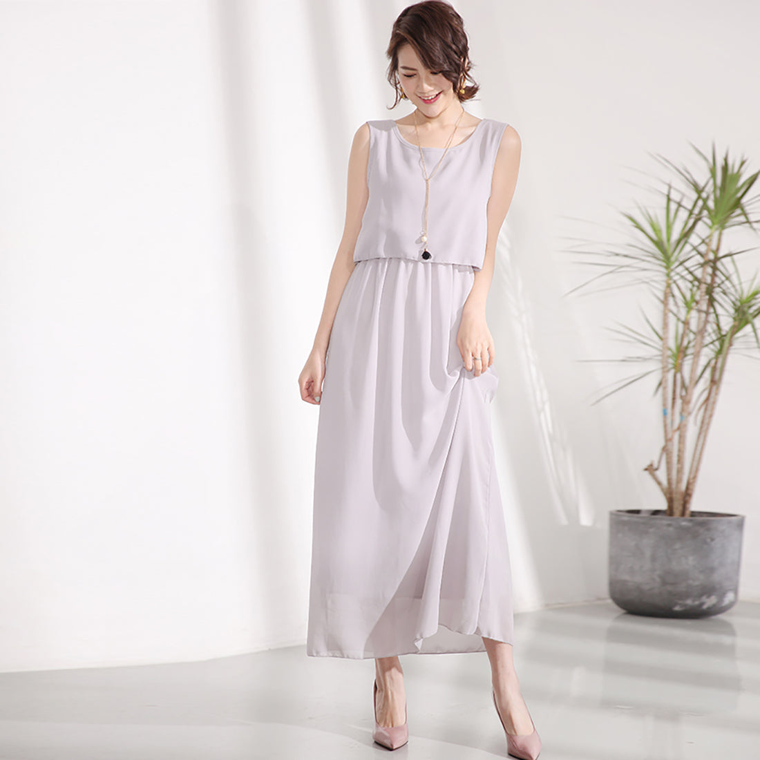 ドゥー ベル Doux Belle 2点セット風ノースリーブマキシワンピース (ライトグリーン) ライトグリーン