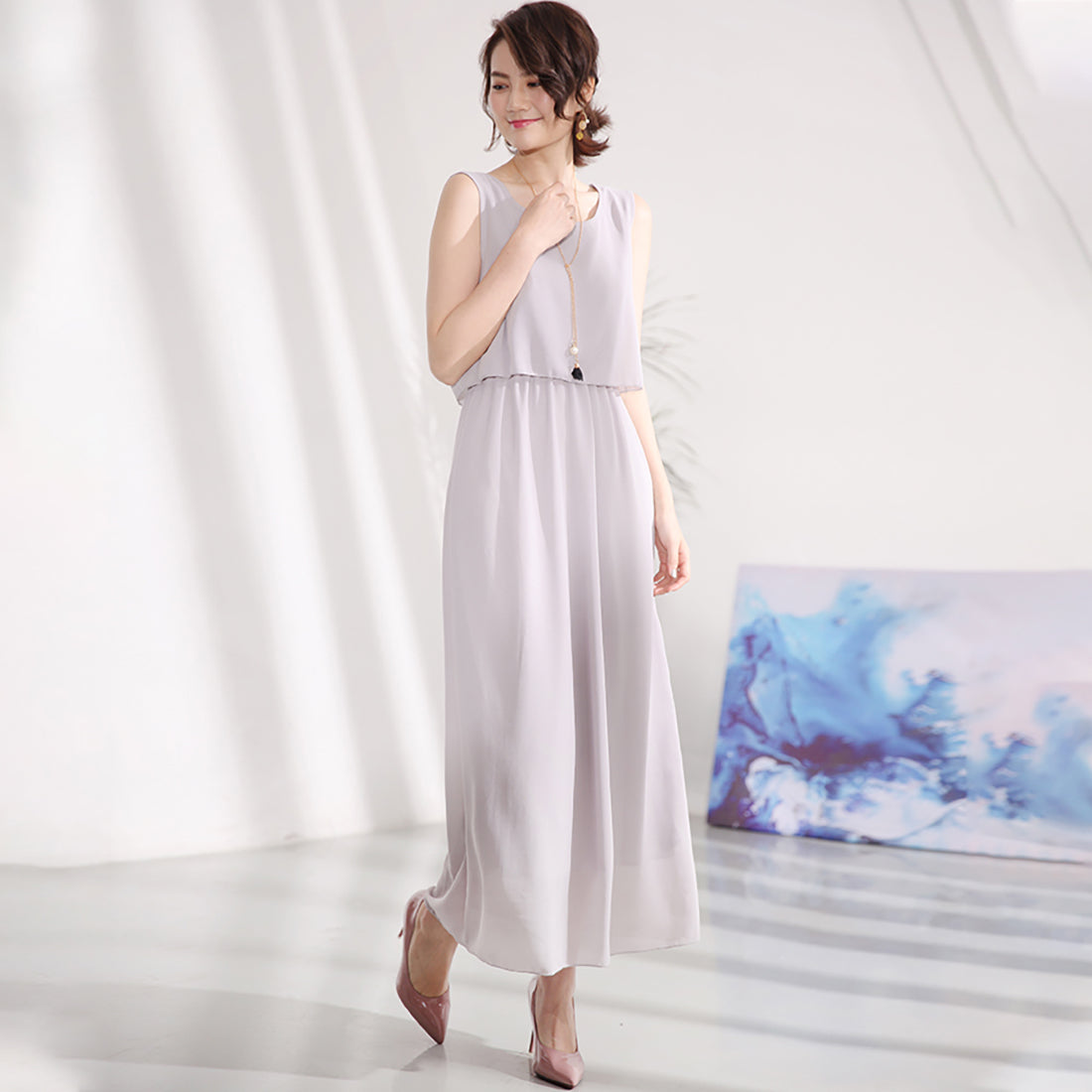 ドゥー ベル Doux Belle 2点セット風ノースリーブマキシワンピース (ライトグリーン) ライトグリーン