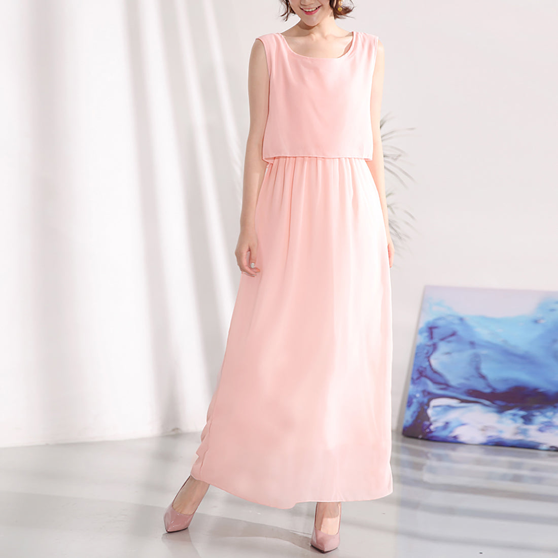 ドゥー ベル Doux Belle 2点セット風ノースリーブマキシワンピース,ライトピンク