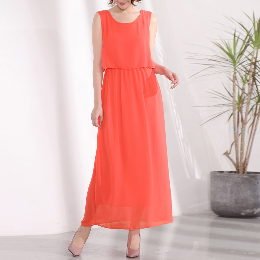 ドゥー ベル Doux Belle 2点セット風ノースリーブマキシワンピース,オレンジ