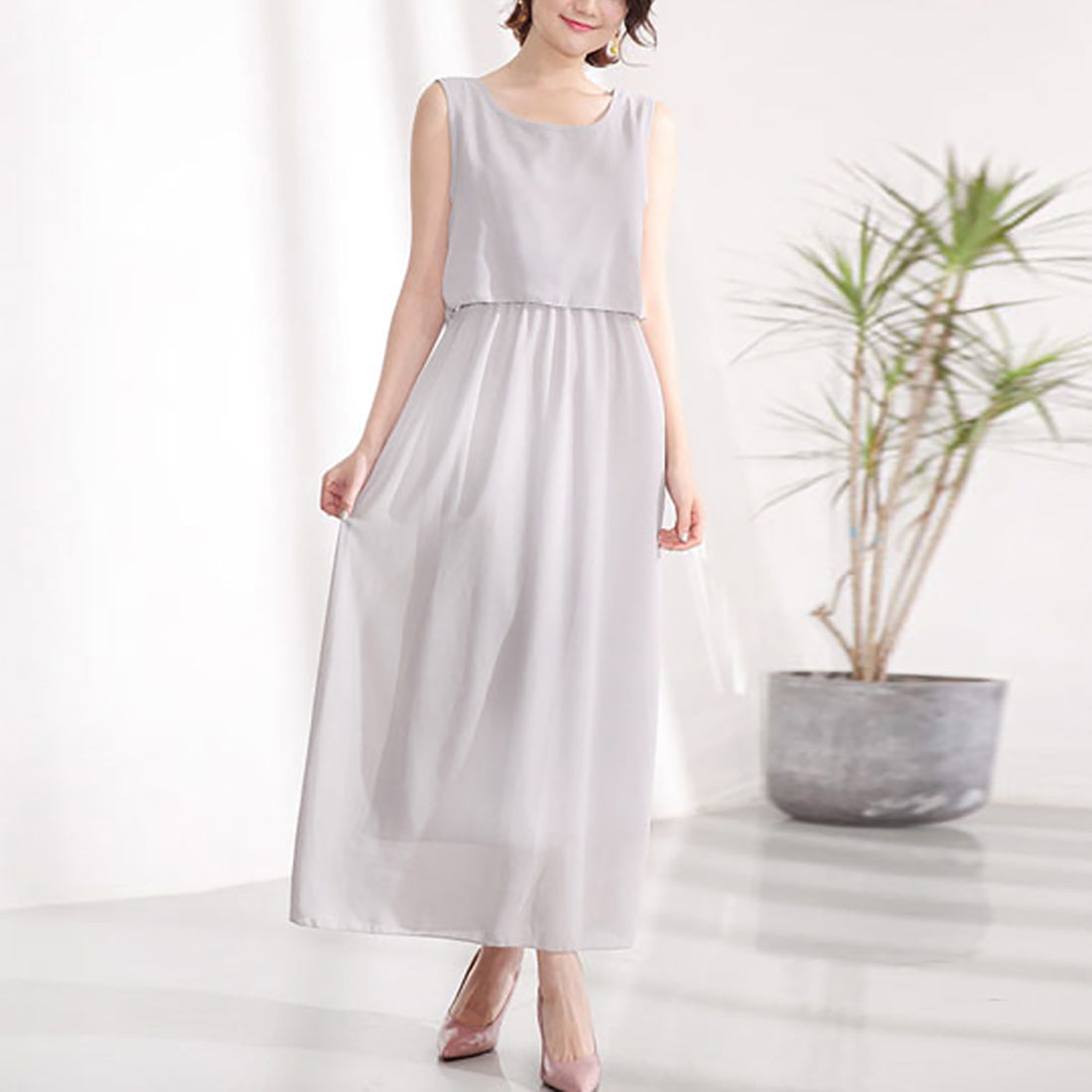 ドゥー ベル Doux Belle 2点セット風ノースリーブマキシワンピース (グレー) グレー