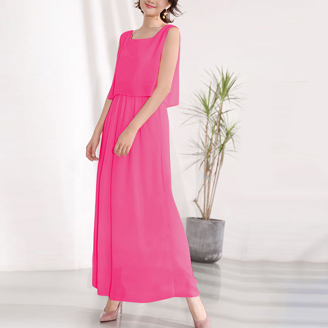 ドゥー ベル Doux Belle 2点セット風ノースリーブマキシワンピース,ピンク