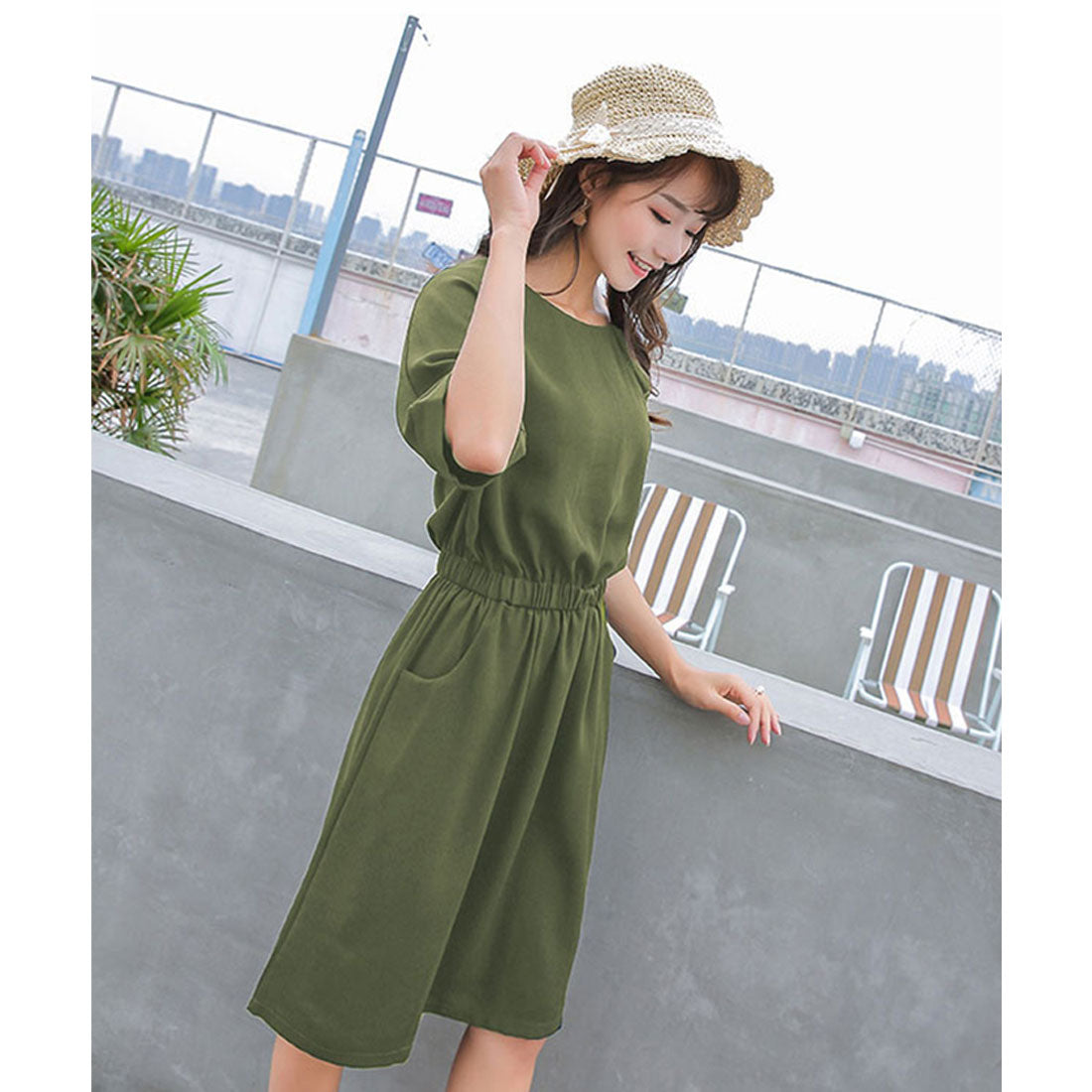 ドゥー ベル Doux Belle 膝丈ウエストゴムとろみワンピース,グリーン-半袖