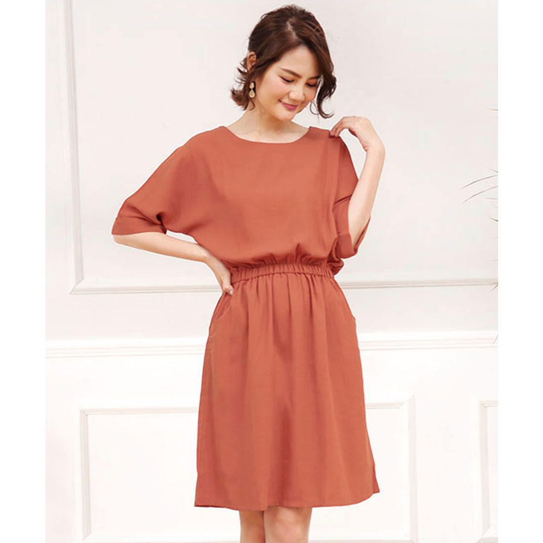ドゥー ベル Doux Belle 膝丈ウエストゴムとろみワンピース,テラコッタ-半袖