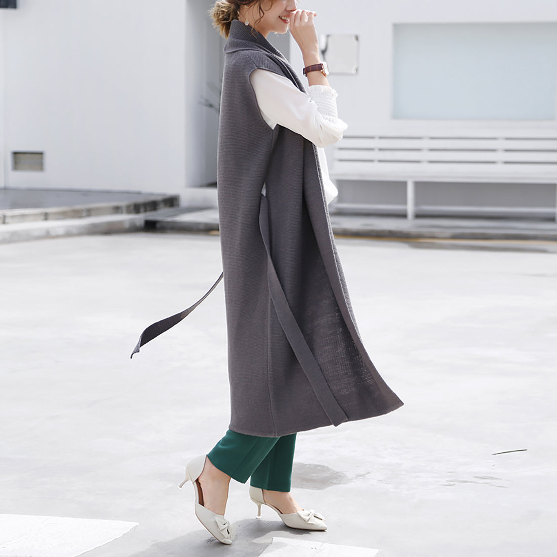 ドゥー ベル Doux Belle ニットジレ ロングジレ レディース,ダークグレー