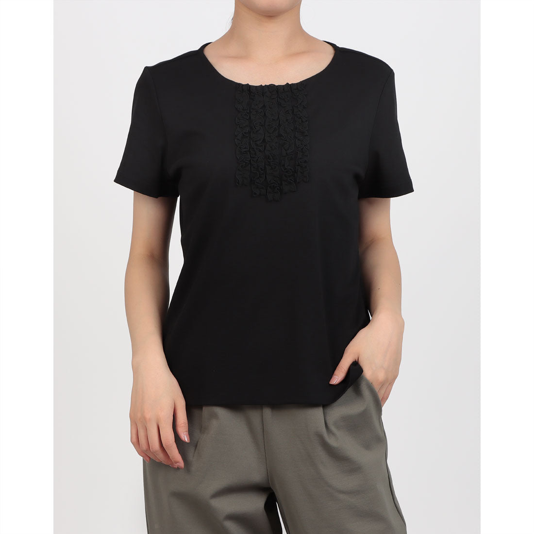 ドゥクラッセ DoCLASSE シフォンフリル/スーピマ・ドゥクラッセTシャツ (ブラック) ブラック