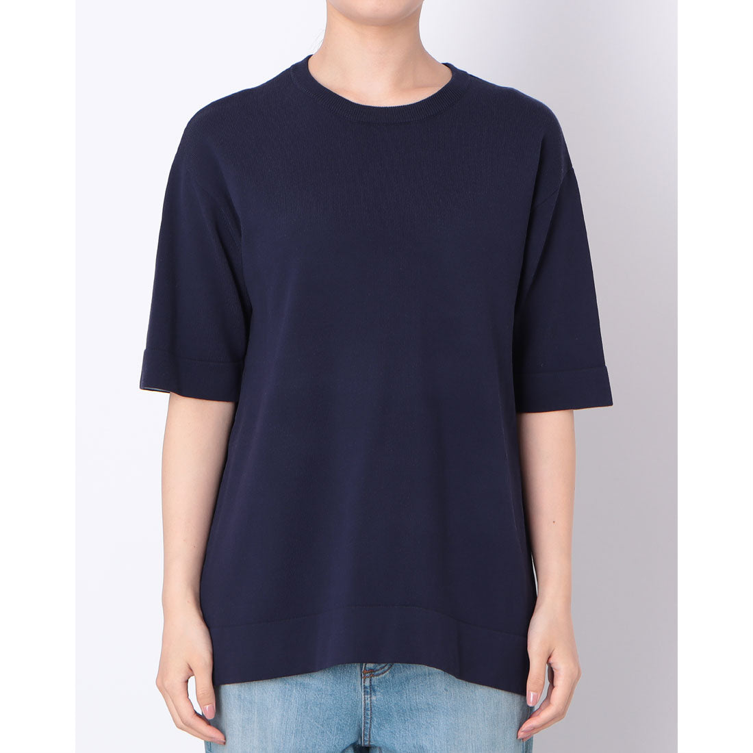 ドゥクラッセ DoCLASSE ハイツイスト天竺・5分袖裏配色ニット/長め丈 (ミッドナイトブルー) ミッドナイトブルー