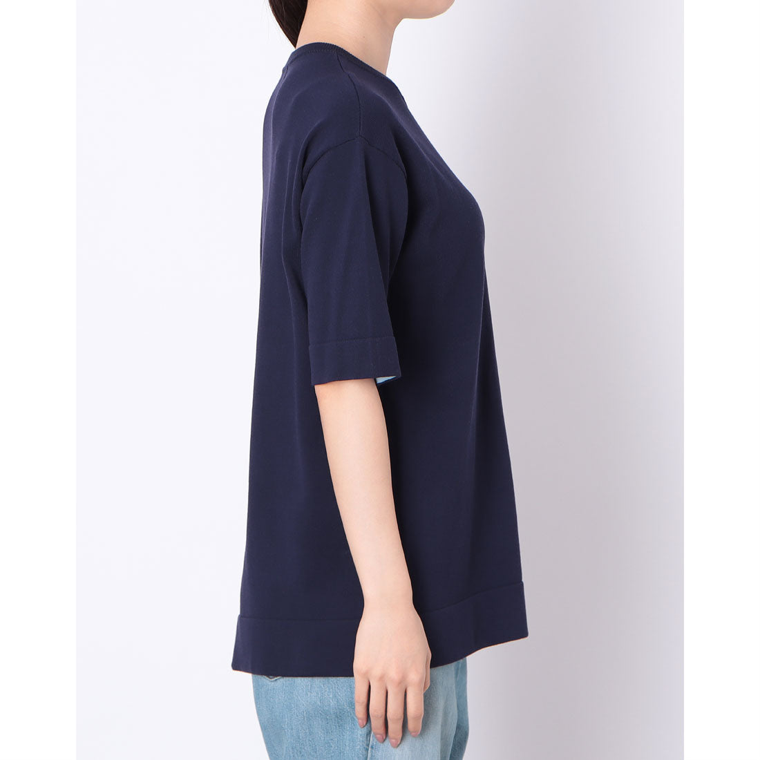 ドゥクラッセ DoCLASSE ハイツイスト天竺・5分袖裏配色ニット/長め丈 (ミッドナイトブルー) ミッドナイトブルー