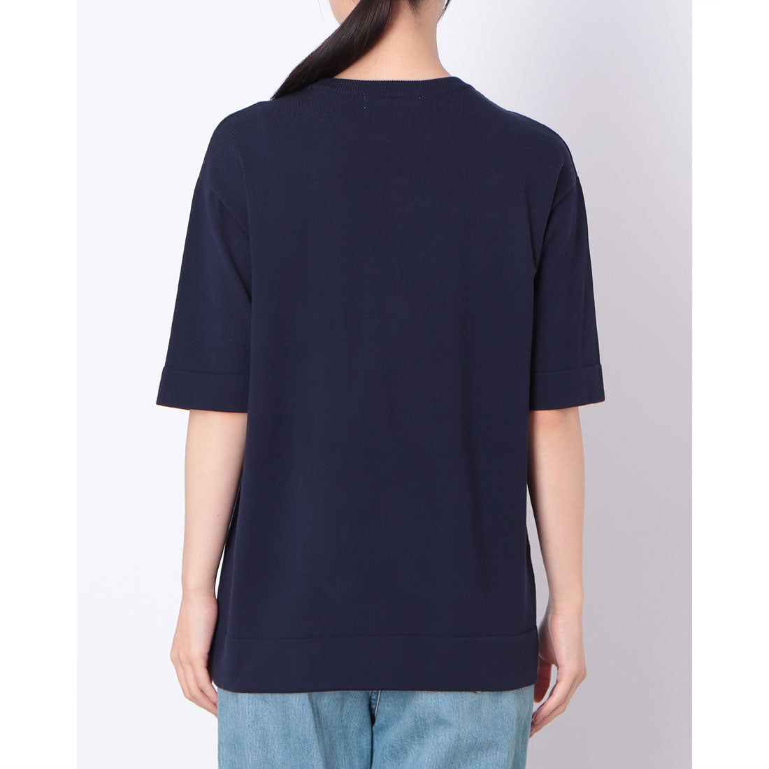 ドゥクラッセ DoCLASSE ハイツイスト天竺・5分袖裏配色ニット/長め丈 (ミッドナイトブルー) ミッドナイトブルー