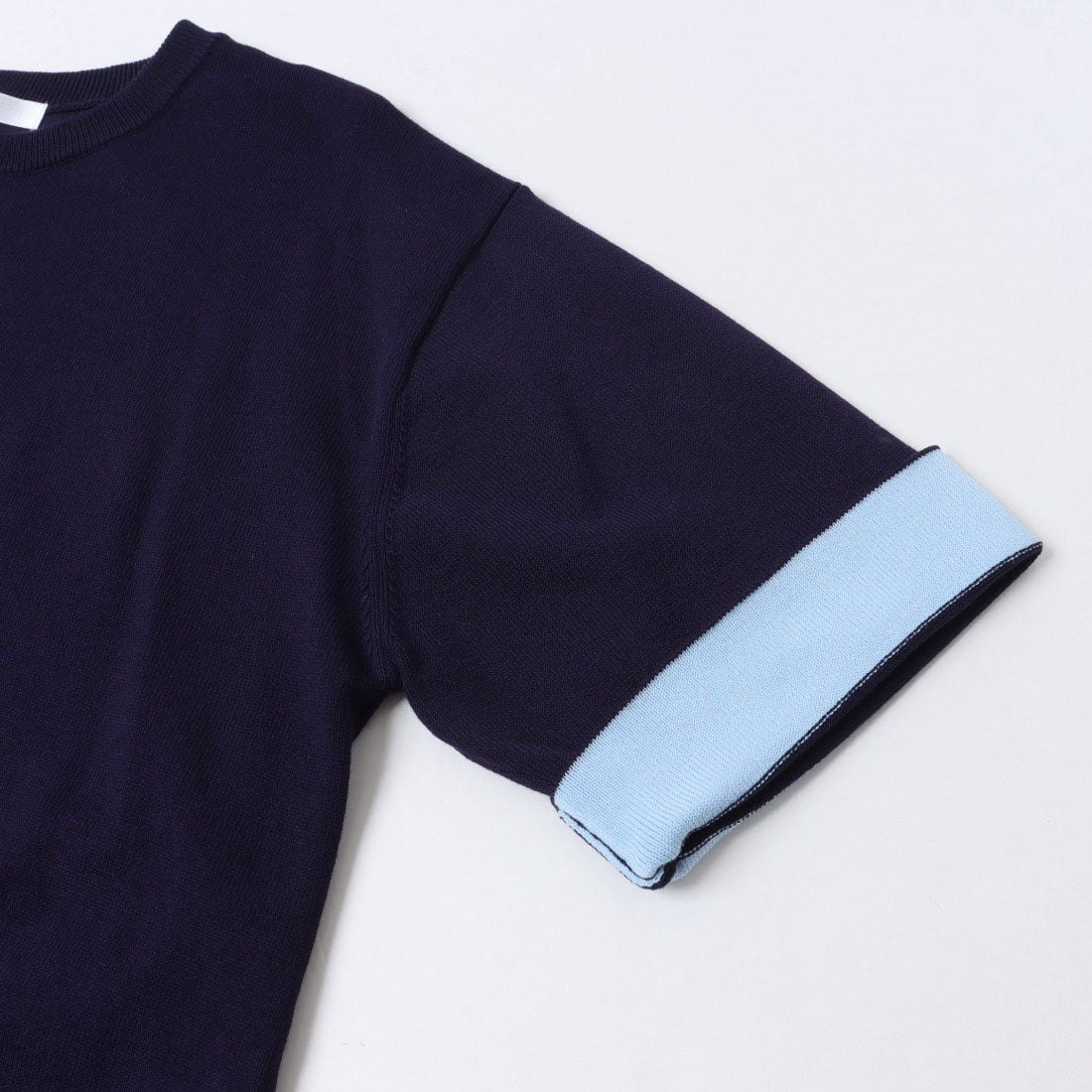 ドゥクラッセ DoCLASSE ハイツイスト天竺・5分袖裏配色ニット/長め丈 (ミッドナイトブルー) ミッドナイトブルー