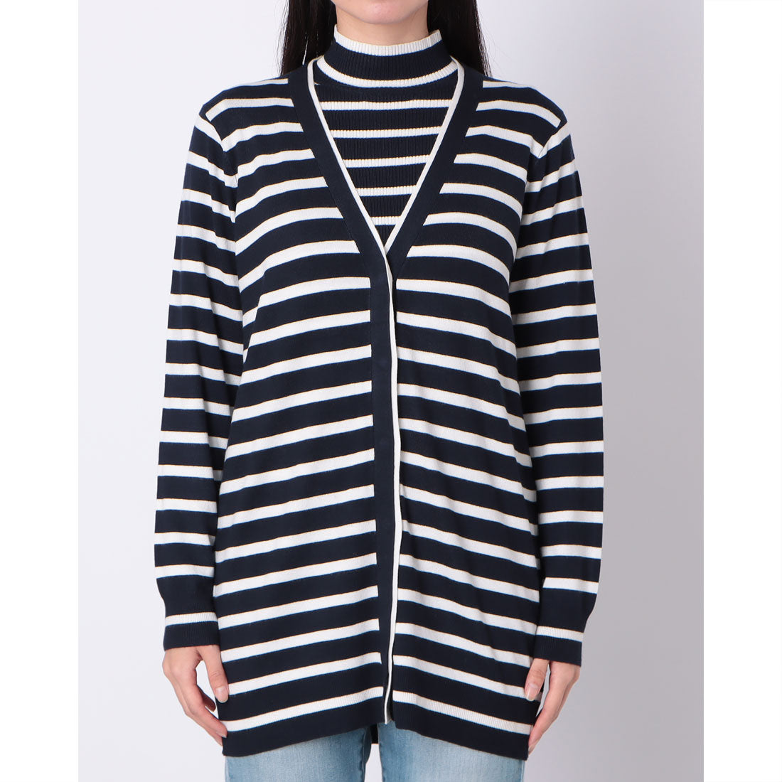 ドゥクラッセ DoCLASSE シルクフィール・ハイネック&カーディガン (ネイビー×ホワイト) ネイビー×ホワイト