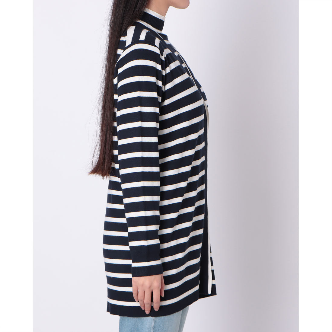 ドゥクラッセ DoCLASSE シルクフィール・ハイネック&カーディガン (ネイビー×ホワイト) ネイビー×ホワイト