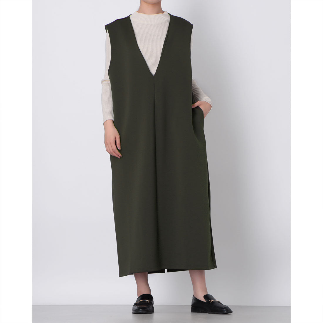 ドゥクラッセ DoCLASSE ダブル編みジャージー・深Vネックジャンスカ 120cm (ダークセージ) ダークセージ