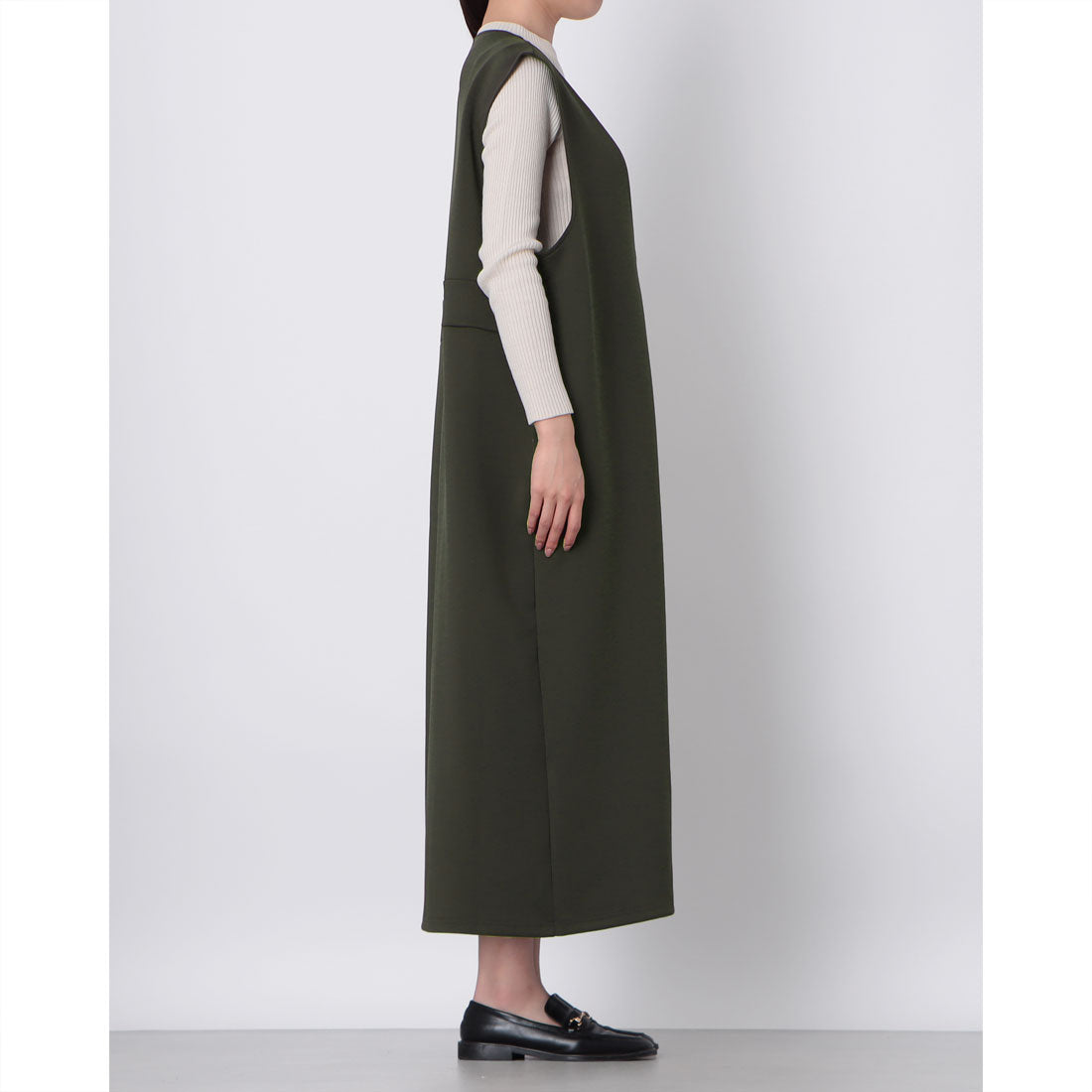 ドゥクラッセ DoCLASSE ダブル編みジャージー・深Vネックジャンスカ 120cm (ダークセージ) ダークセージ