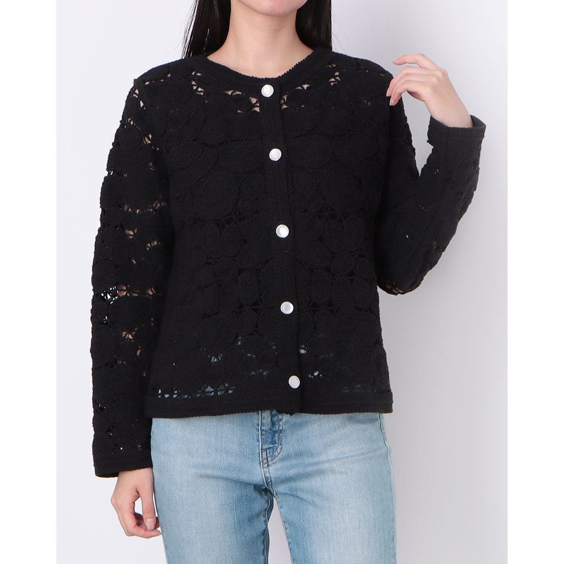 ドゥクラッセ DoCLASSE エンブロイダリーニット・カーデジャケット (ブラック) ブラック