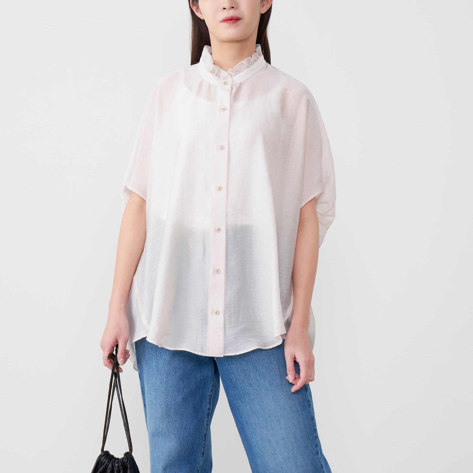 ダブルフェーストーキョー Doubleface Tokyo バックギャザーフリルネックブラウス (オフベージュ) オフベージュ