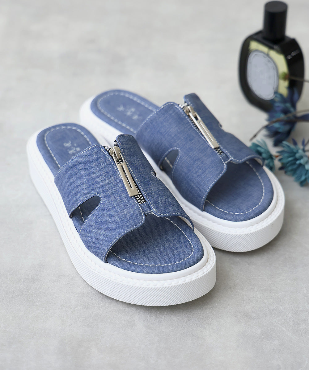 デメテル DEMETER 軽量厚底 フロントジップ スライドサンダル (デニム) デニム
