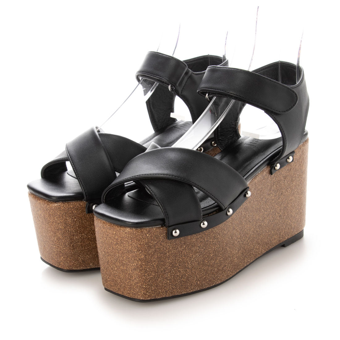 デメテル DEMETER 厚底ソール☆スタッズデザインのスクエアトゥクロスベルトウェッジサンダル,ブラック