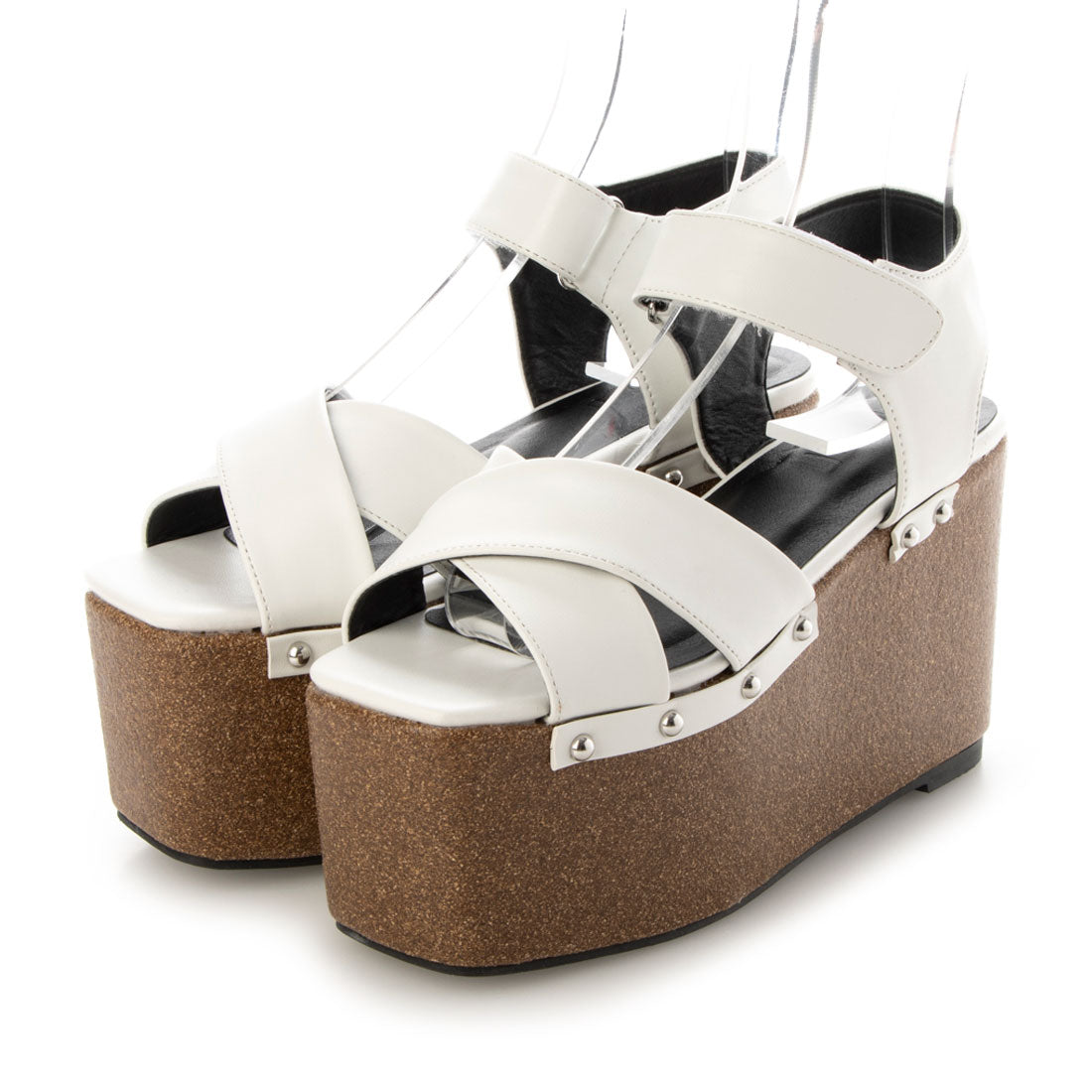 デメテル DEMETER 厚底ソール☆スタッズデザインのスクエアトゥクロスベルトウェッジサンダル,ホワイト