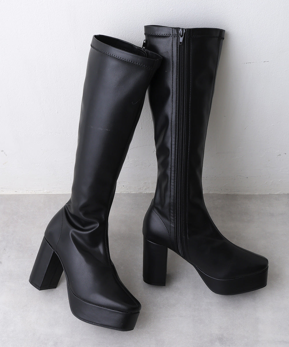 デメテル DEMETER 厚底太ヒール☆ストレッチロングブーツ (ブラックスムース) ブラックスムース