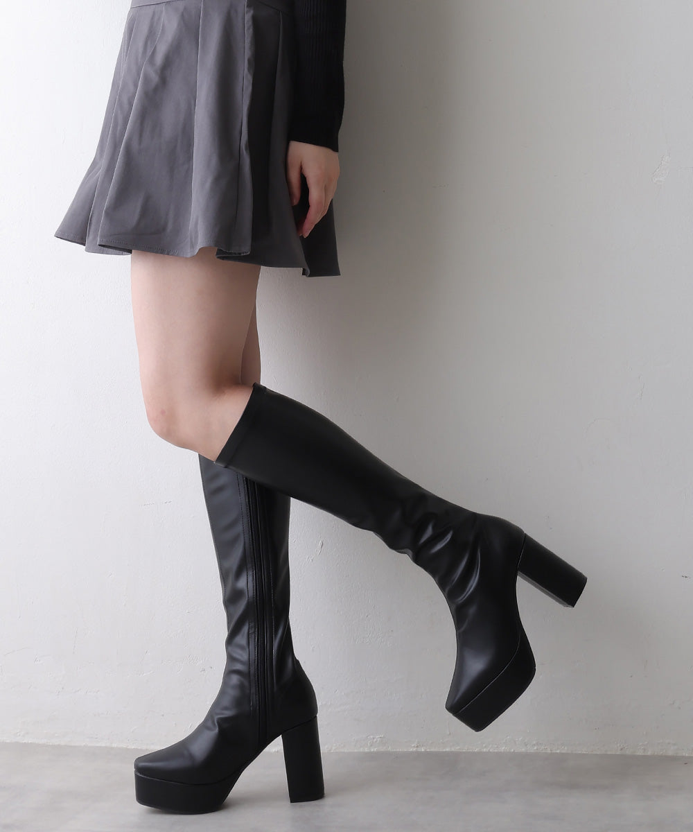 デメテル DEMETER 厚底太ヒール☆ストレッチロングブーツ (ブラックスムース) ブラックスムース
