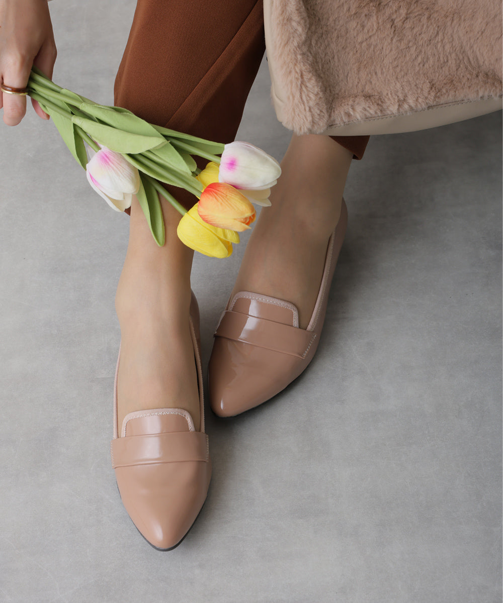 デメテル DEMETER 防水・撥水・防滑☆晴れ雨兼用 幅広 3E ポインテッドトゥ ローファー レインパンプス レインシューズ (ベージュエナメル) ベージュエナメル