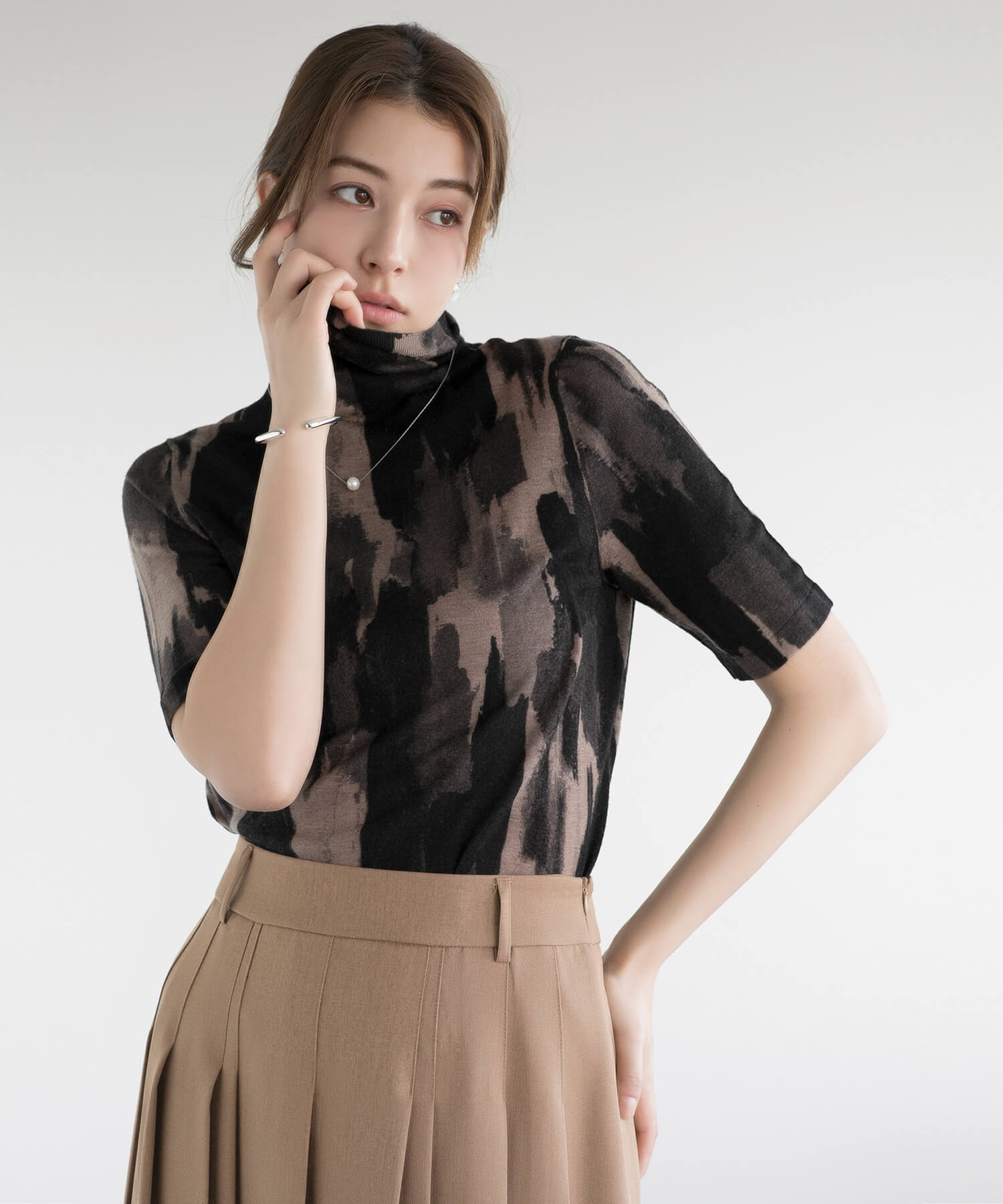 ディケイドクラシック DECADE CLASSIC 【DECADE CLASSIC】ウール100% 油絵 半袖ニットセーター (チョコ) チョコ