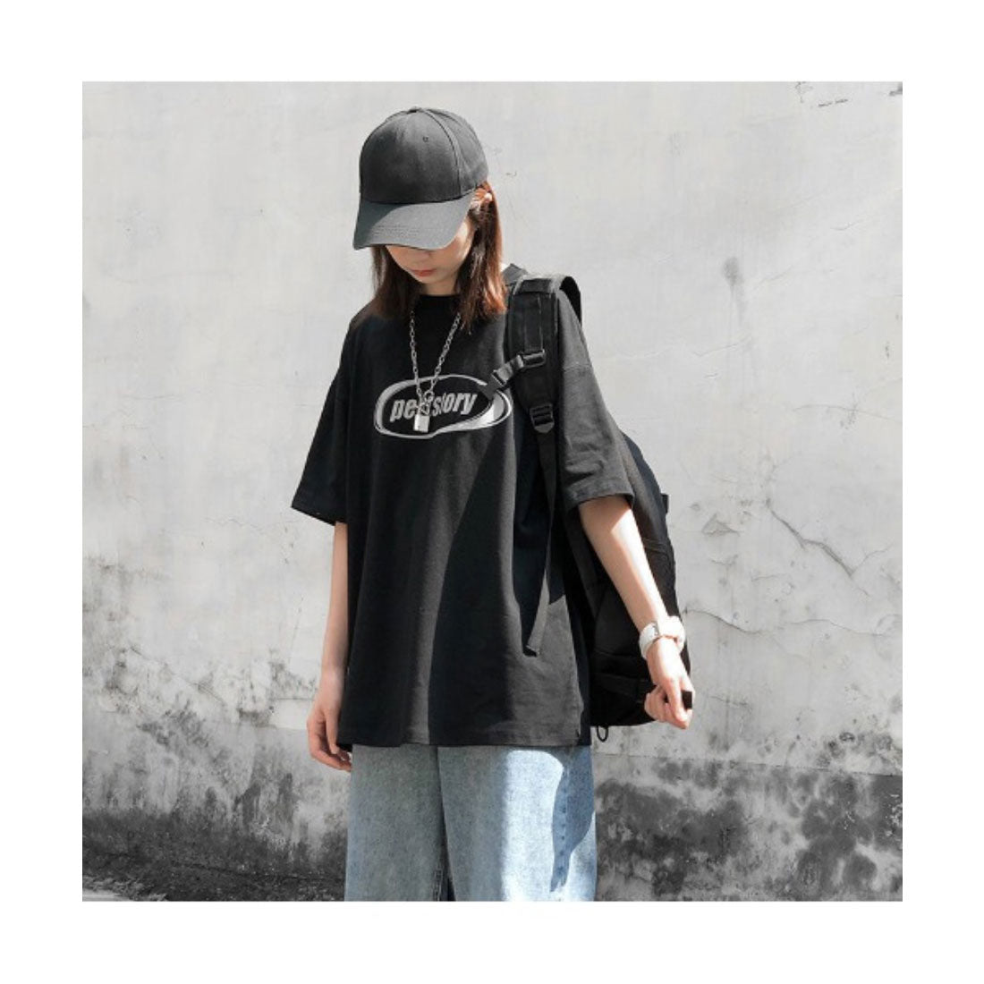 デバイス DEVICE ストリート風 ルーズスタイル 半袖Tシャツ (ブラック) BK