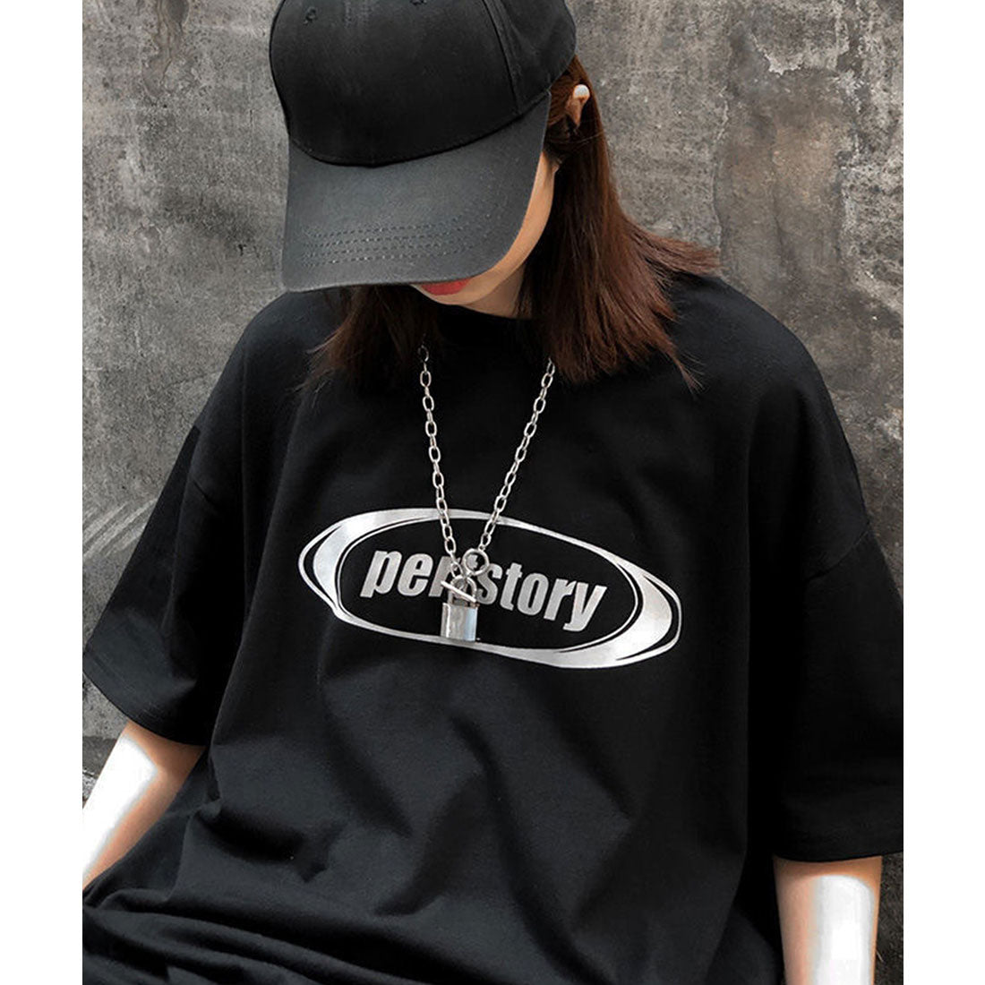 デバイス DEVICE ストリート風 ルーズスタイル 半袖Tシャツ (ブラック) BK