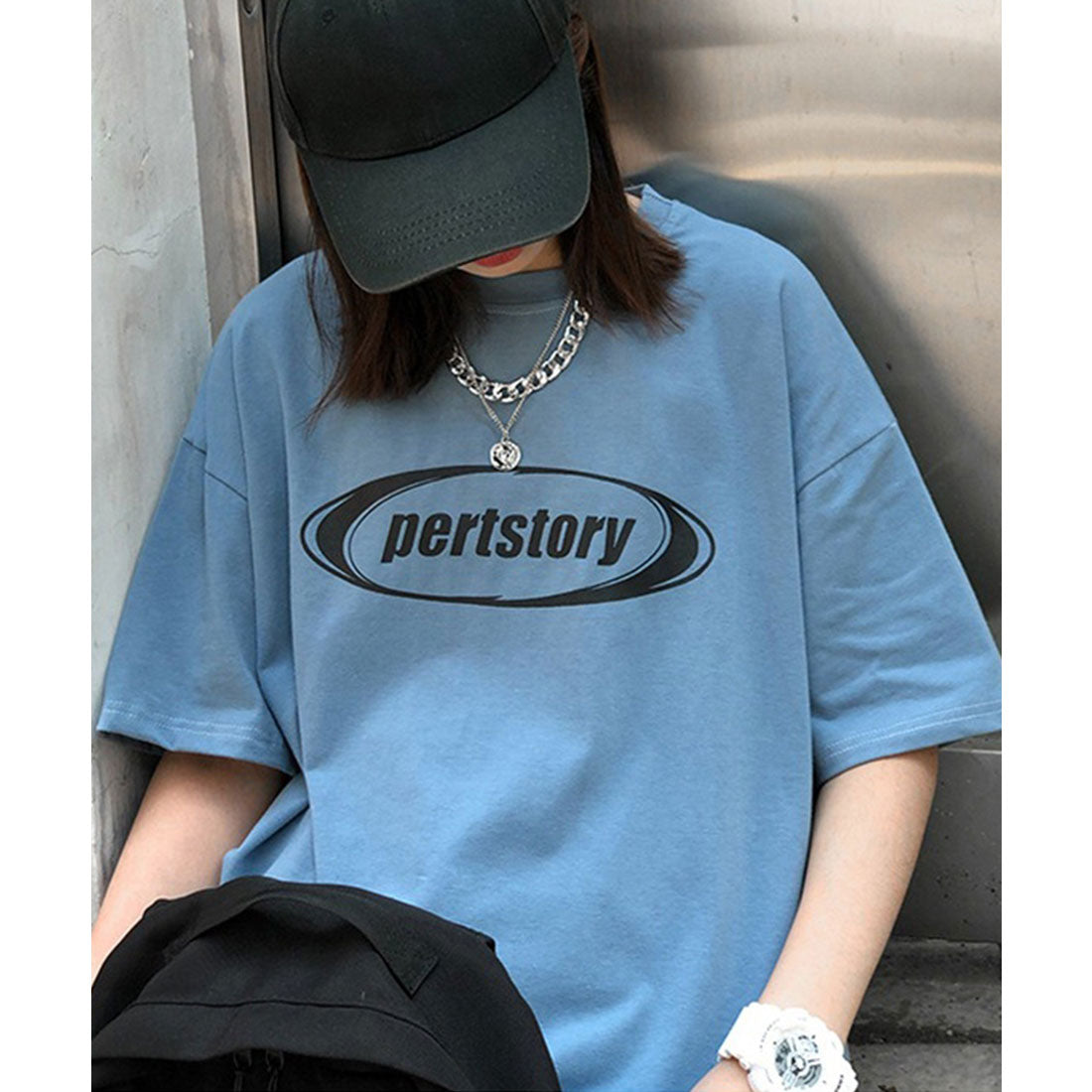 デバイス DEVICE ストリート風 ルーズスタイル 半袖Tシャツ (ブルー) BL