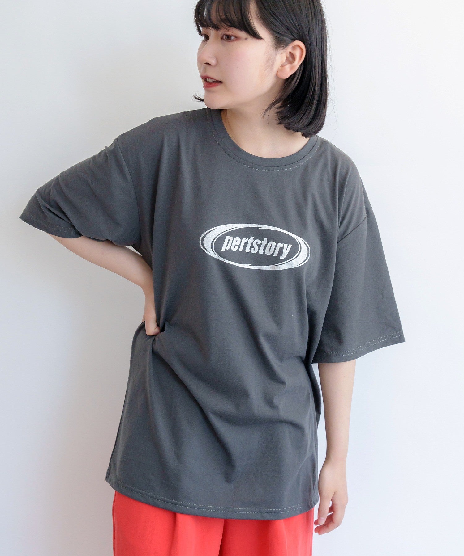 デバイス DEVICE ストリート風 ルーズスタイル 半袖Tシャツ (チャコールグレー) CGY