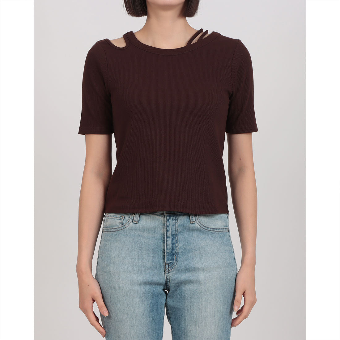 ディップインチョコレート DIP IN CHOCOLATE アシメショルダーデザインリブトップス【DIP IN CHOCOLATE】 (ブラウン) ブラウン