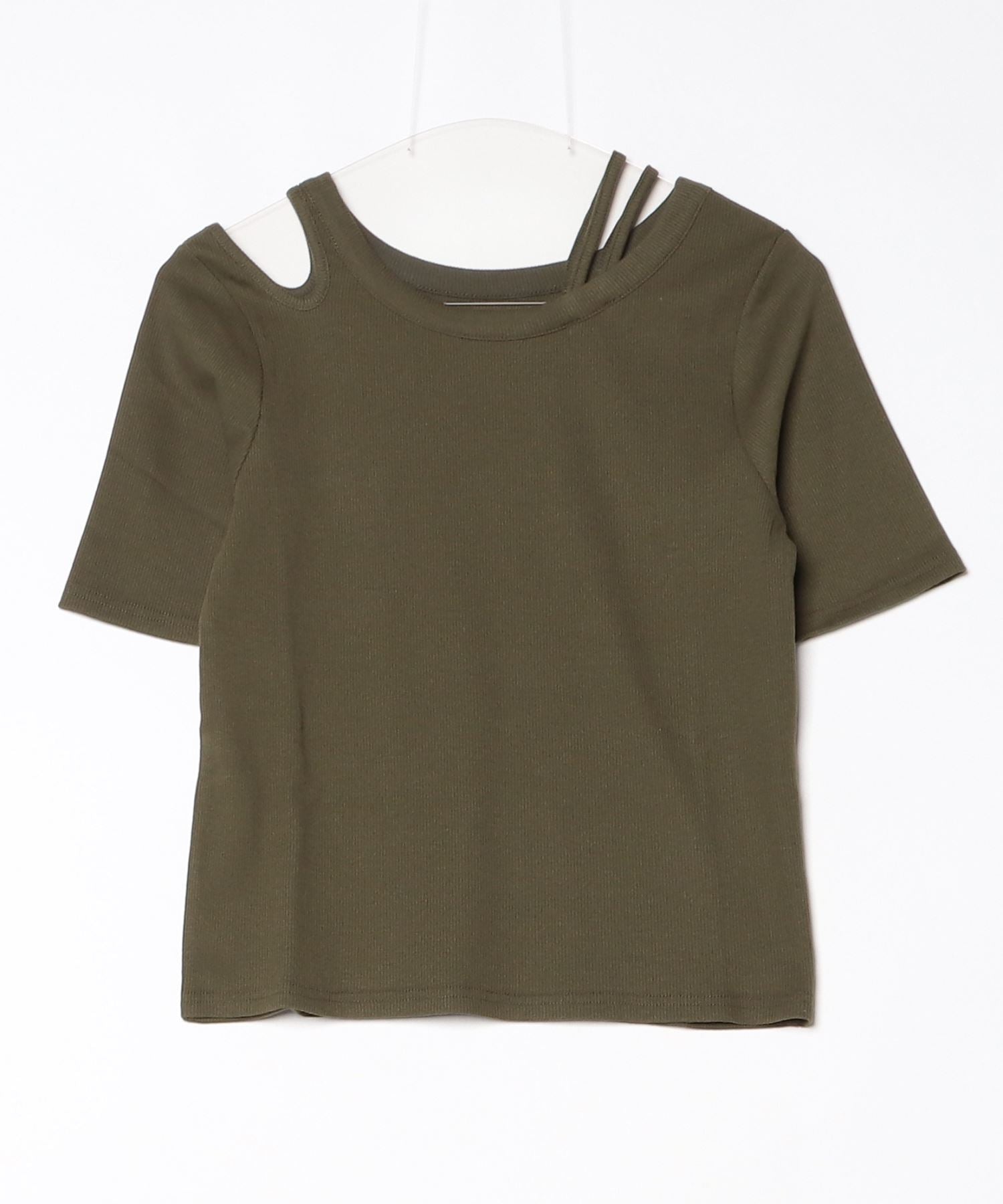 ディップインチョコレート DIP IN CHOCOLATE アシメショルダーデザインリブトップス【DIP IN CHOCOLATE】 (カーキー) カーキー