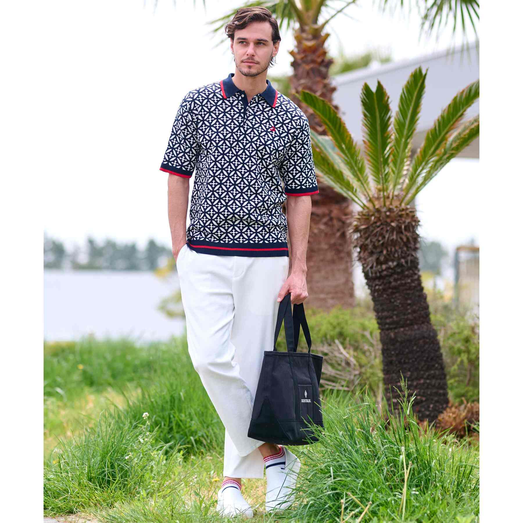 ドレステリア DRESSTERIOR オーバーラップサークル ジャカード ニットポロ (ネイビー(194)) ネイビー(194)