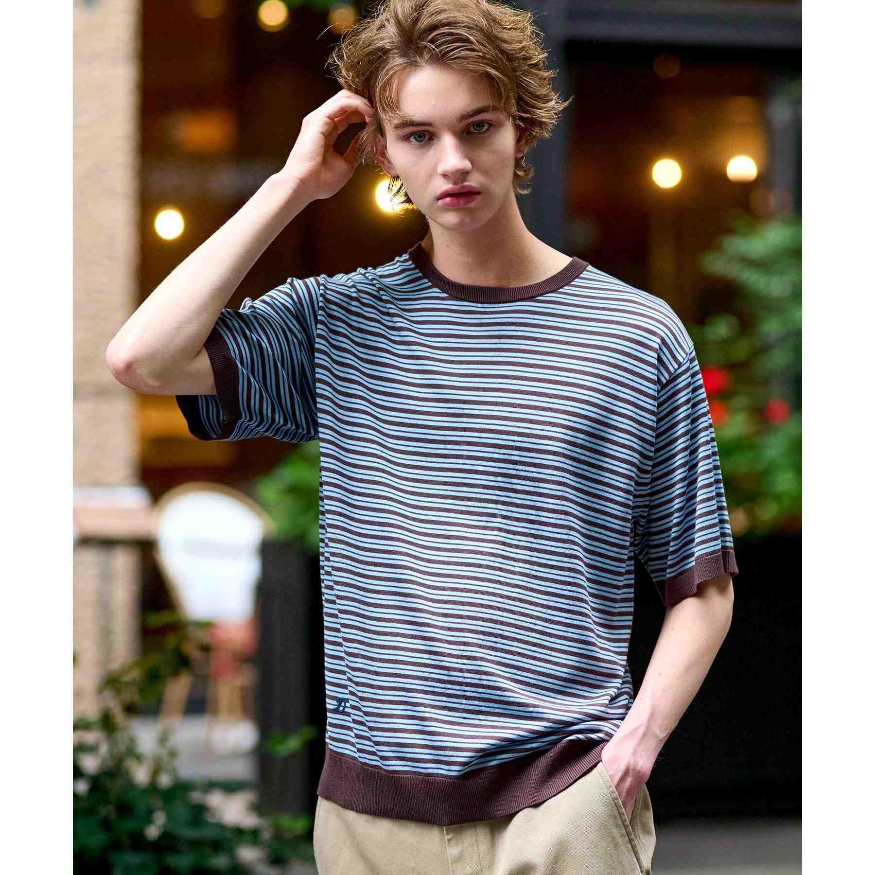 ドレステリア DRESSTERIOR シルク混ボーダーハーフスリーブニットT (ブラウン(044)) ブラウン(044)