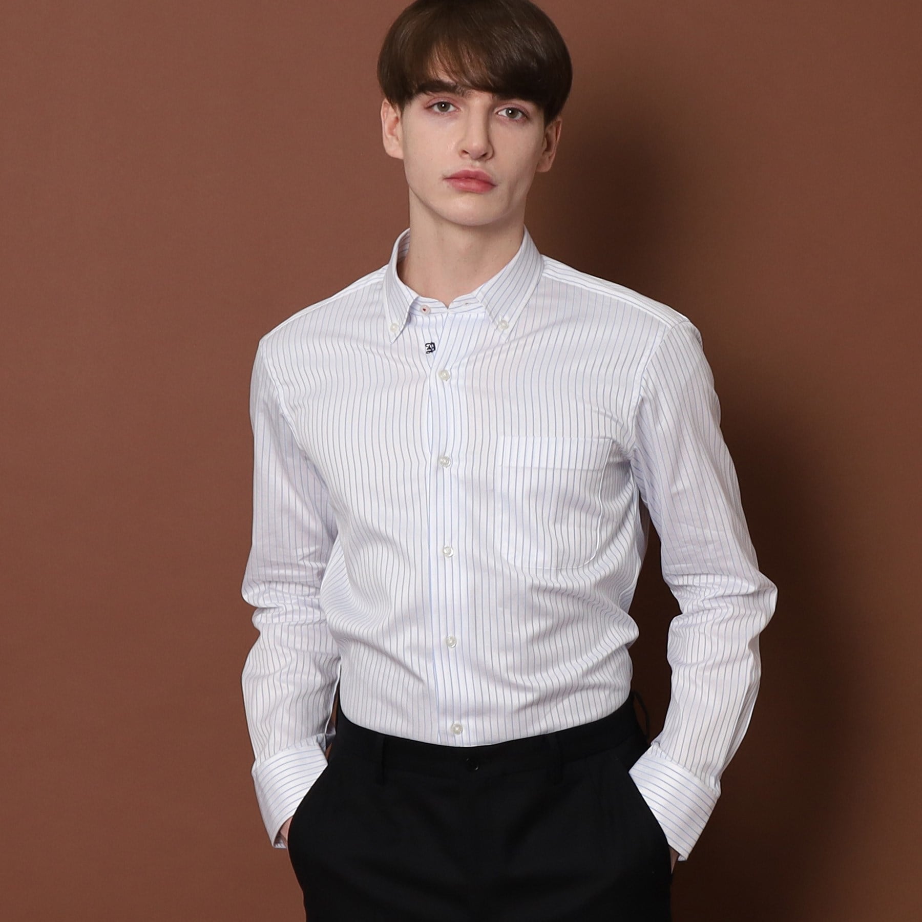 ドレステリア DRESSTERIOR 100/2 ヘリンボーンストライプ ボタンダウンシャツ (ライトブルー(391)) ライトブルー(391)