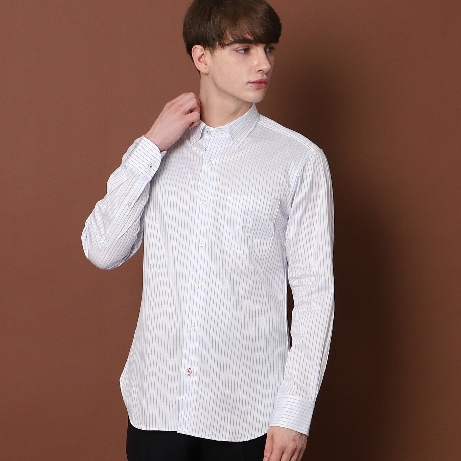 ドレステリア DRESSTERIOR 100/2 ヘリンボーンストライプ ボタンダウンシャツ (ライトブルー(391)) ライトブルー(391)