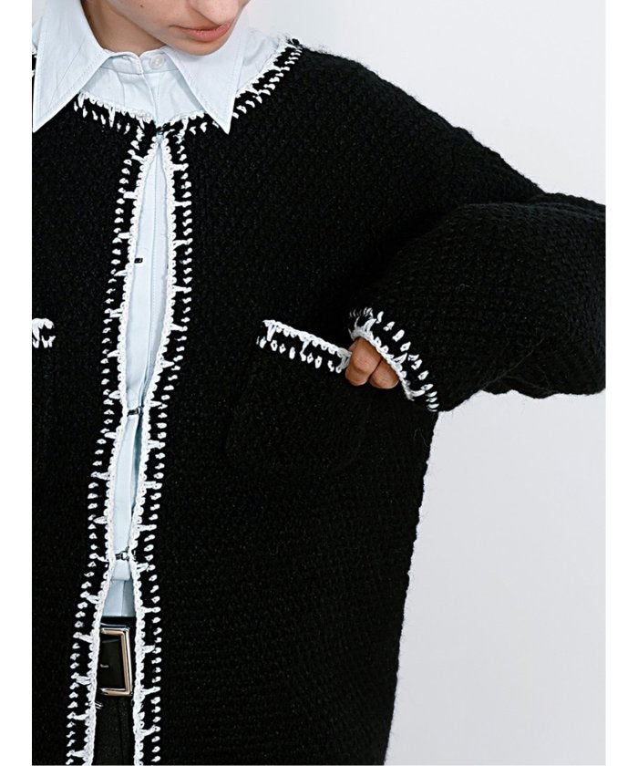 ドロー DRAW Contrast Trim Cardigan / ツイード風ニットカーディガン(バイカラーステッチ) (グレー) グレー