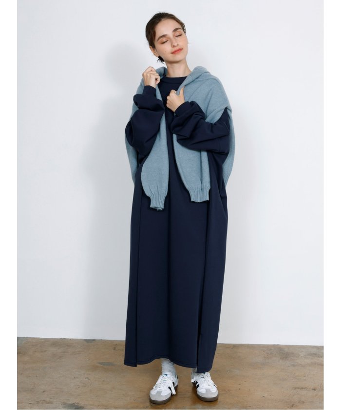 Scuba Knit Relax Long Dress / ダンボールニット リラックスロングワンピース (グレー) 紺